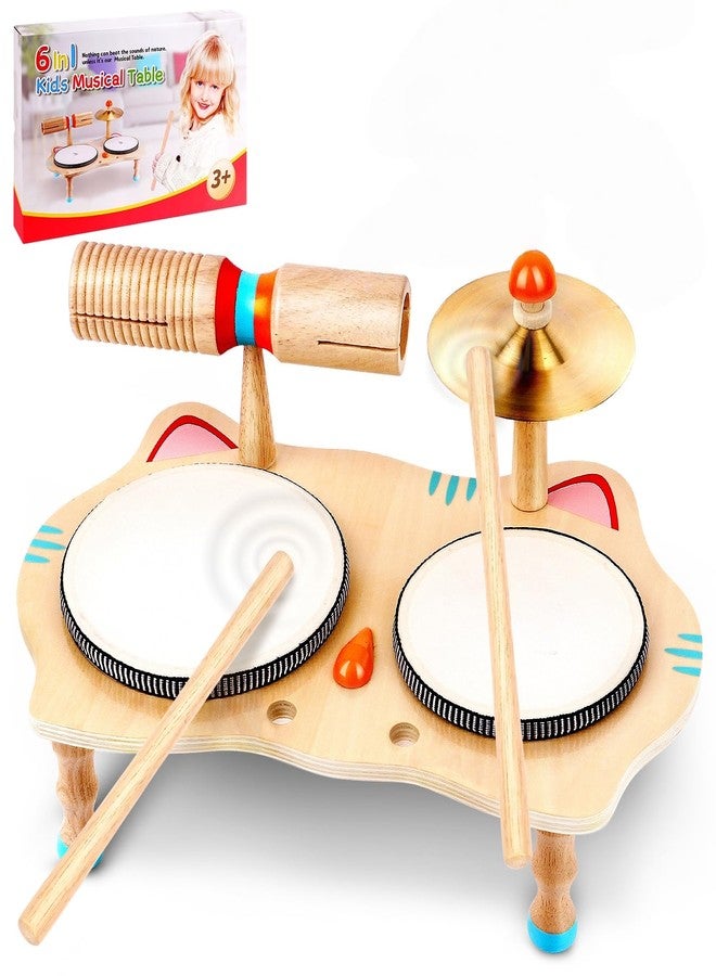 WINGYZ Kids Drum Set - 6-in-1 Wooden Musical Instruments for Toddlers 1-3, Montessori Baby Music Set with Drums, Cymbal & Tone Block, FSC-Certified Cat Design Table for Home & Classroom Learning Gift - Image 1